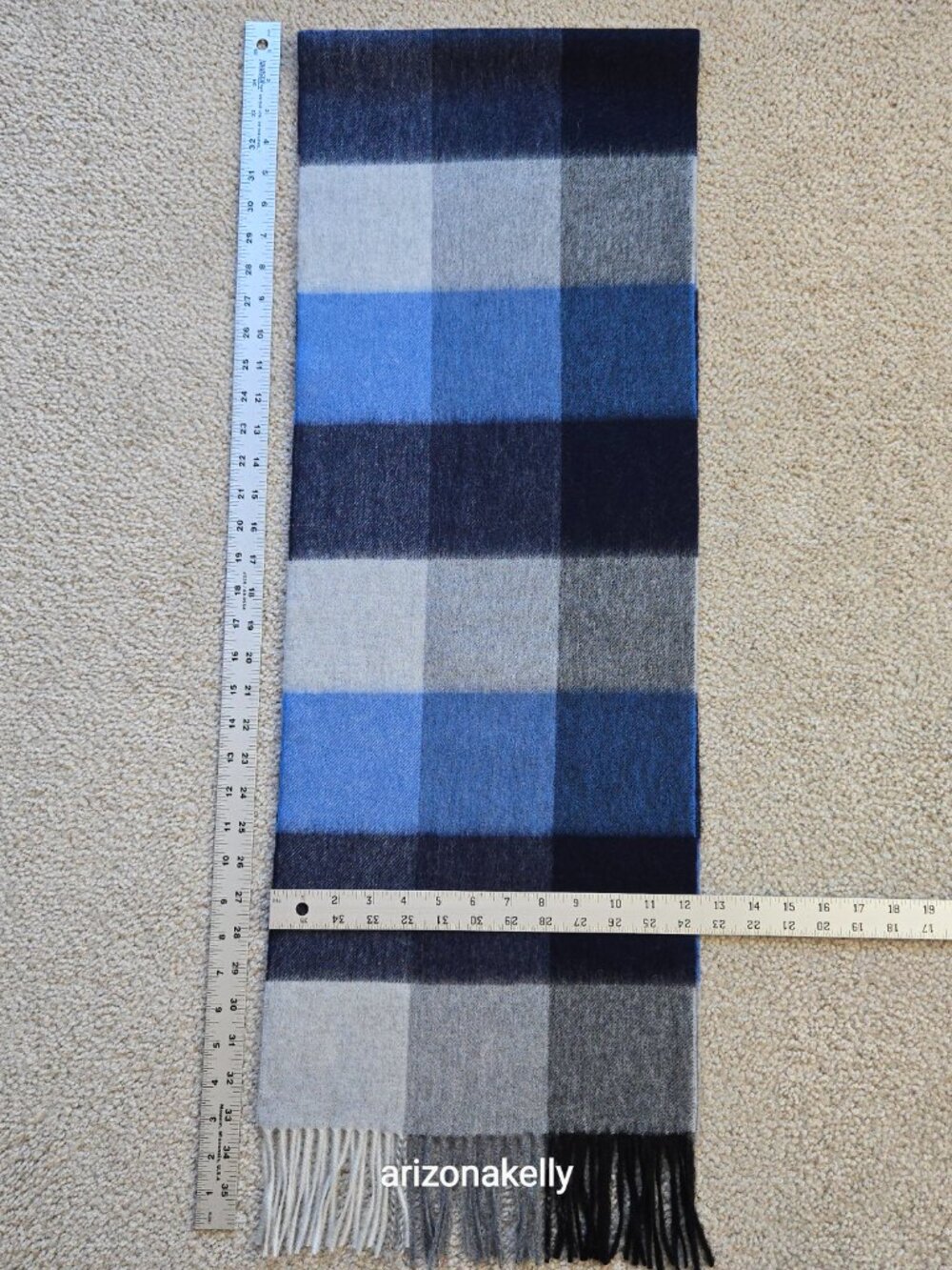 NWOT Cashmere Woven Scarf Blue, Black & Gray Plaid Checks - Picture 3 of 15